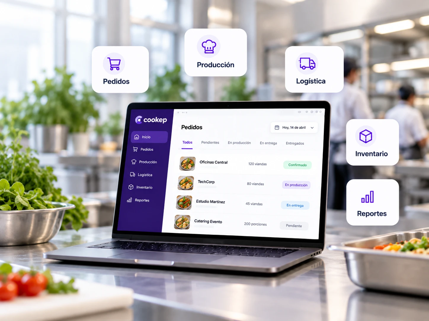 Cookep: panel de pedidos en una notebook dentro de una cocina profesional, con los módulos Pedidos, Producción, Logística, Inventario y Reportes